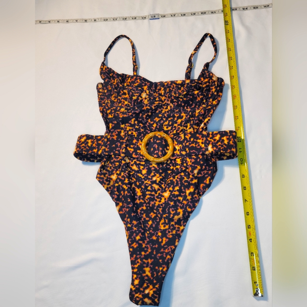 WeWoreWhat DANIELLE one piece swimsuit. MED. Tortoise shell Belt. Black & Orange